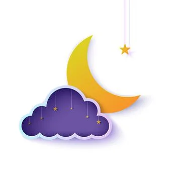 Night sky in cloud frame and moon in paper cut style. Cut out 3d background with Stock Illustration