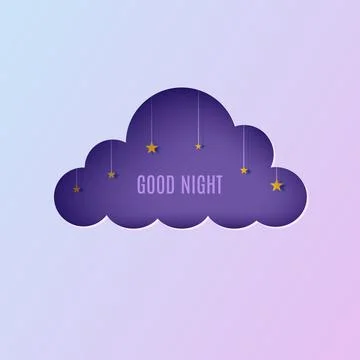 Night sky in cloud frame paper cut style. Cut out 3d violet and blue gradient Stock Illustration