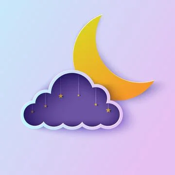 Night sky in cloud frame paper cut style. Cut out 3d violet and blue gradient Stock Illustration