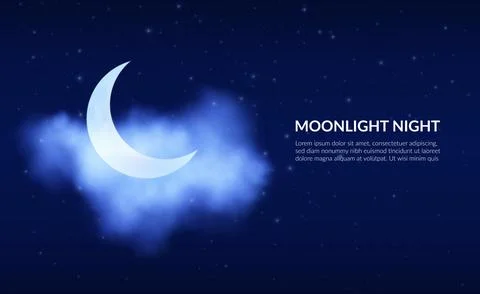 Night sky. Clouds and crescent. Stars constellation. Half moon in dark blue Stock Illustration