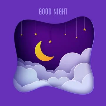 Night sky clouds frame like pillow with gold stars on rope and moon in paper cut Stock Illustration