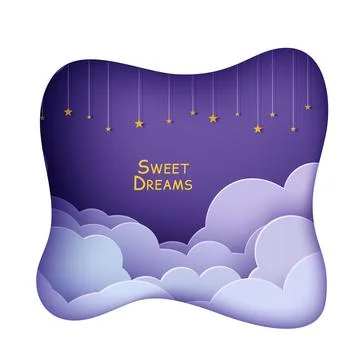 Night sky clouds frame like pillow with gold stars on rope in paper cut style Stock Illustration