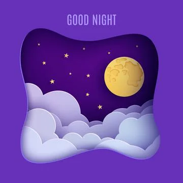 Night sky clouds frame like pillow in paper cut style. Cut out 3d background Stock Illustration