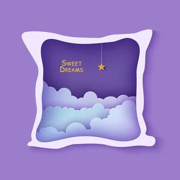 Night sky clouds frame like pillow with gold star on rope in paper cut style Иллюстрация