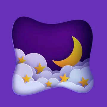 Night sky clouds frame like pillow with gold stars and moon in paper cut style Иллюстрация