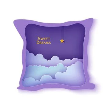 Night sky clouds frame like pillow with gold star on rope in paper cut style Stock Illustration