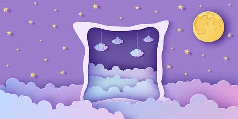 Night sky clouds frame like pillow in paper cut style. Cut out 3d background Stock Illustration