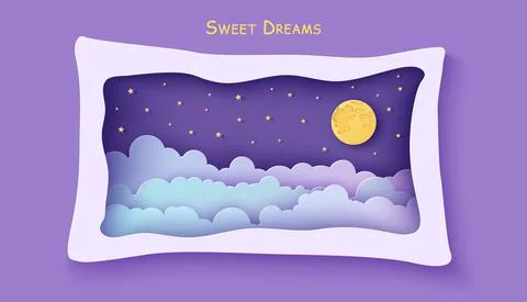 Night sky clouds frame like pillow in paper cut style. Cut out 3d background Stock Illustration
