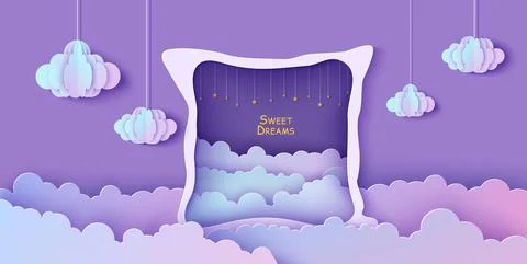Night sky clouds frame like pillow with gold stars on rope in paper cut style Иллюстрация