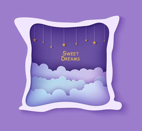 Night sky clouds frame like pillow with gold stars on rope in paper cut style Stock Illustration