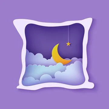 Night sky clouds frame like pillow with gold stars on rope and moon in paper cut Stock Illustration