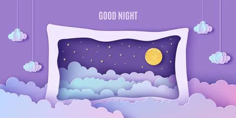 Night sky clouds frame like pillow in paper cut style. Cut out 3d background Stock Illustration