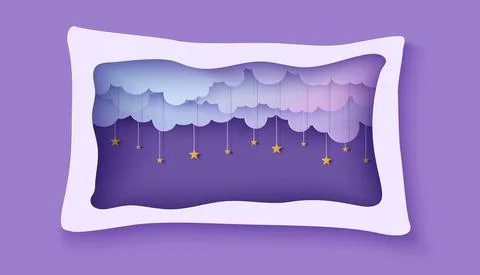 Night sky clouds frame like pillow with gold stars on rope in paper cut style Иллюстрация