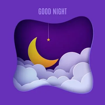 Night sky clouds frame like pillow with gold stars on rope and moon in paper cut Stock Illustration