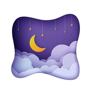 Night sky clouds frame like pillow with gold stars on rope and moon in paper cut Иллюстрация