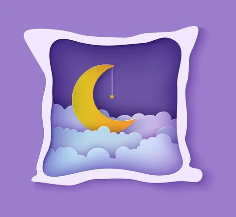 Night sky clouds frame like pillow with gold star on rope and moon in paper cut Stock Illustration