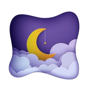Night sky clouds frame like pillow with gold star on rope and moon in paper cut Иллюстрация
