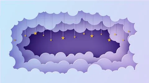 Night sky clouds rectangular frame with stars on rope in paper cut style. Cut イラスト素材