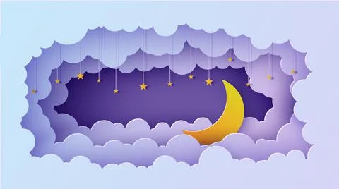 Night sky clouds rectangular frame with stars on rope and moon in paper cut Ilustração Stock