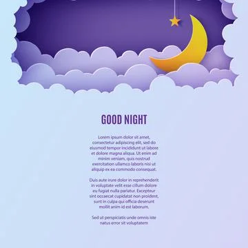 Night sky clouds rectangular frame with star on rope and moon in paper cut style Ilustração Stock