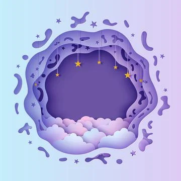 Night sky clouds rectangular frame with stars on rope in paper cut style. Cut Stock Illustration