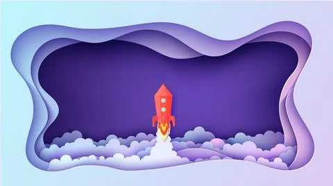 Night sky clouds rectangular frame and red rocket in paper cut style. Cut out 3d Stock Illustration