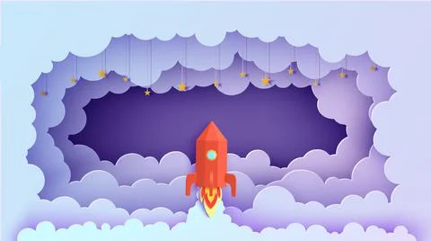 Night sky clouds rectangular frame and red rocket in paper cut style. Cut out 3d Stock Illustration