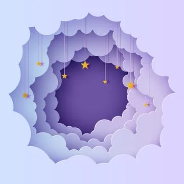 Night sky clouds round frame with stars on rope in paper cut style. Cut out 3d Stock Illustration