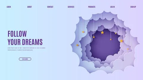 Night sky clouds round frame with stars on rope in paper cut style. Cut out 3d イラスト素材