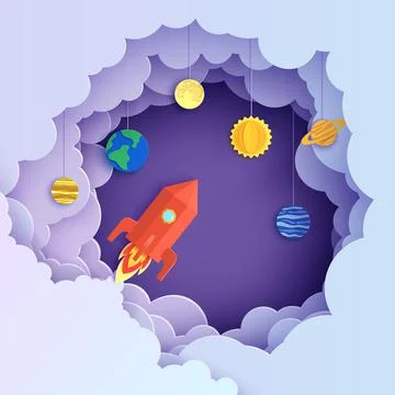 Night sky clouds round frame with red rocket and planets on rope in paper cut Stock Illustration