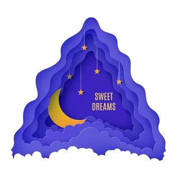 Night sky clouds triangular frame with stars on rope and moon in paper cut style Stock Illustration
