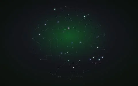 Night sky constellation map and star chart. Glowing green nebula and celest.. Stock Illustration