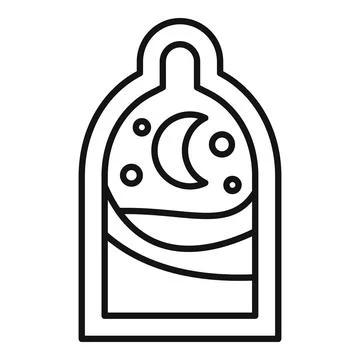 Night sky with crescent moon and stars inside a rounded window frame イラスト素材