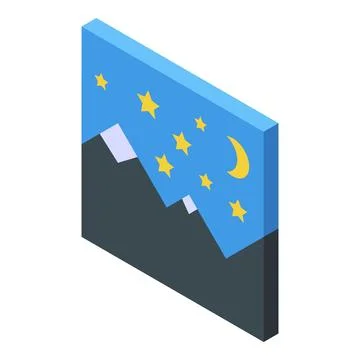 Night sky with crescent moon and stars over mountains isometric illustration Ilustração Stock