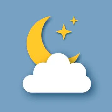 Night sky with crescent moon. Cloudy sky. Stars. Paper cut Weather. Stock Illustration