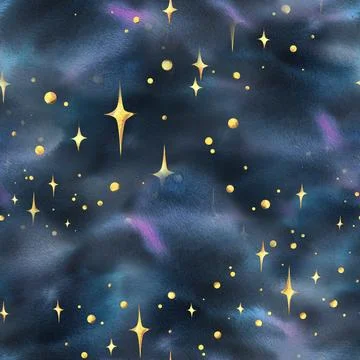 Night sky dark blue with clouds and nebulae, paint spots, ink with golden stars Stock Illustration