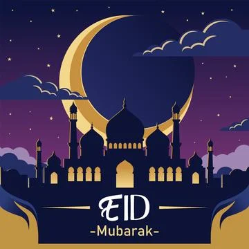 Night Sky Eid Mubarak Vector Background with Crescent Moon and Mosque Ilustración de archivo