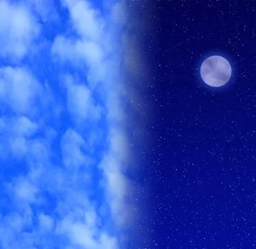 Night sky with full moon and stars transitioning to blue daytime sky Stock Illustration