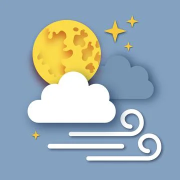 Night sky with Full Moon. Cloudy sky. Windy. Stars. Paper cut Weather. Stock Illustration