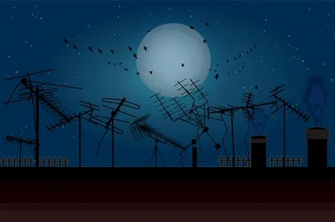 Night sky with full moon, flock birds and roof with many tv antennas. Stock Illustration