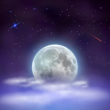 Night sky with full moon hidden behind clouds. Magical mystical night with stars 스톡 일러스트