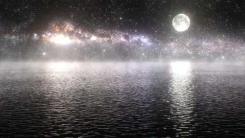 Night Sky Full Moon Milky Way Galaxy Stars Reflection On Calm Water Stock Footage 138529366