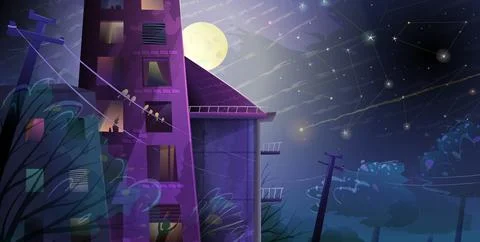 Night Sky Full Moon Moonlight City Town Landscape Stock Illustration