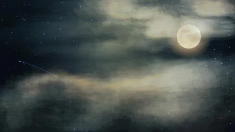 Night sky with full moon in thick clouds, vector photorealistic illustration Stock Illustration