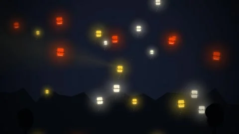 Night Sky Lanterns Floating Over Mountains, Colorful Glowing Wishes Ascending Stock Footage 348571851