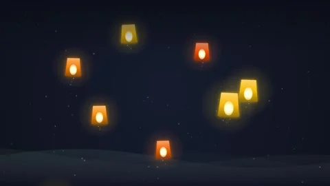 Night Sky Lanterns Floating Upwards with Glowing Light - Peaceful Celebration Stock Footage 348072945
