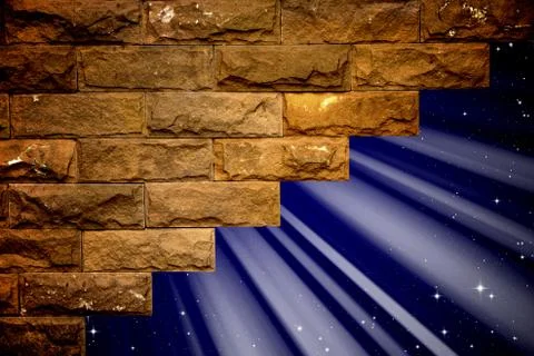 Night sky with light through the hole in the brick wall Stock Illustration