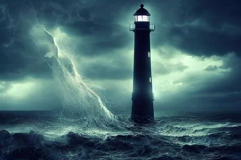 Night sky with lighthouse at dark night lightning in the background. Stock Illustration