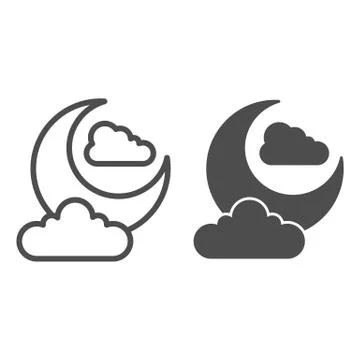 Night sky line and solid icon. Crescent moon and clouds. Halloween party vector Illustrazione stock