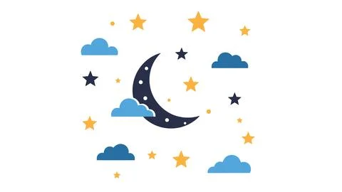 Night sky with moon, clouds, and stars for peaceful evening or sleep theme. Stock Illustration